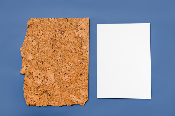 Fragment de liege isolant à côté d'une feuille de papier blanc.