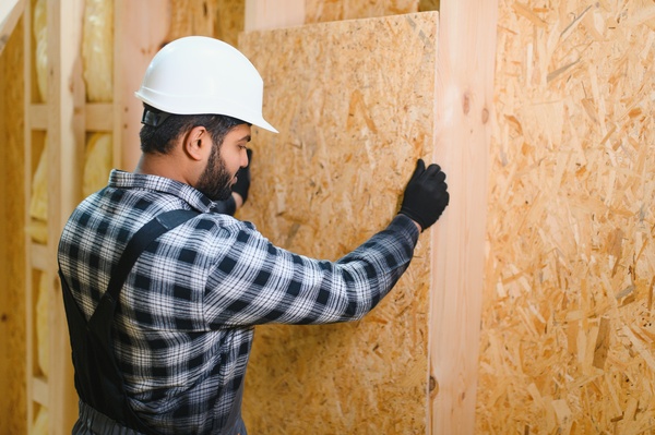 Artisan en train d'installer un panneau isolant thermique.